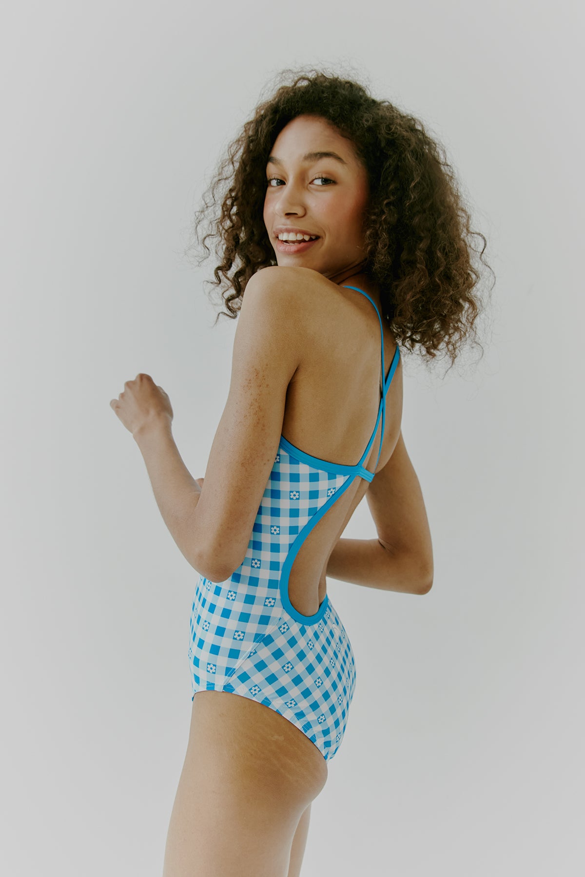 ギンガムフラワー水着 - オーシャンブルー