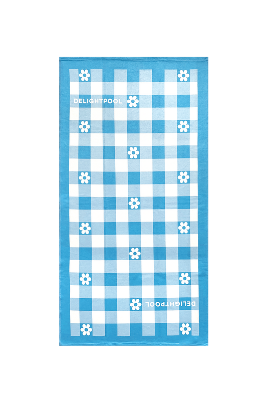 ギンガムフラワービーチタオル - オーシャンブルー