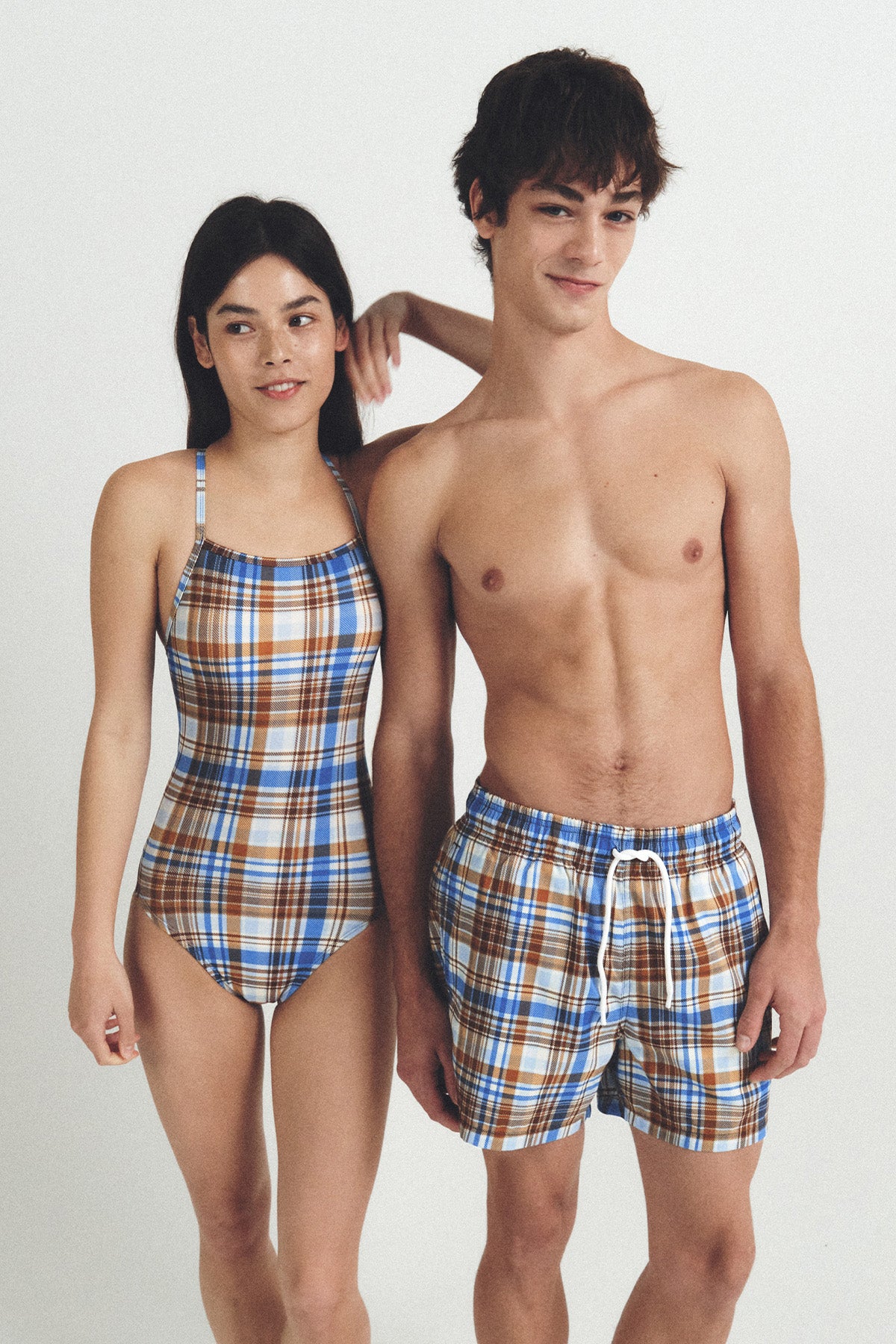 Sophie check swimsuit - Milk Tea Blue