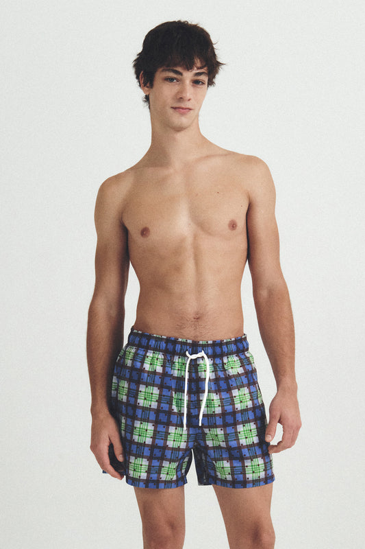 Tartan Dot Swim Trunks - Berry Forest