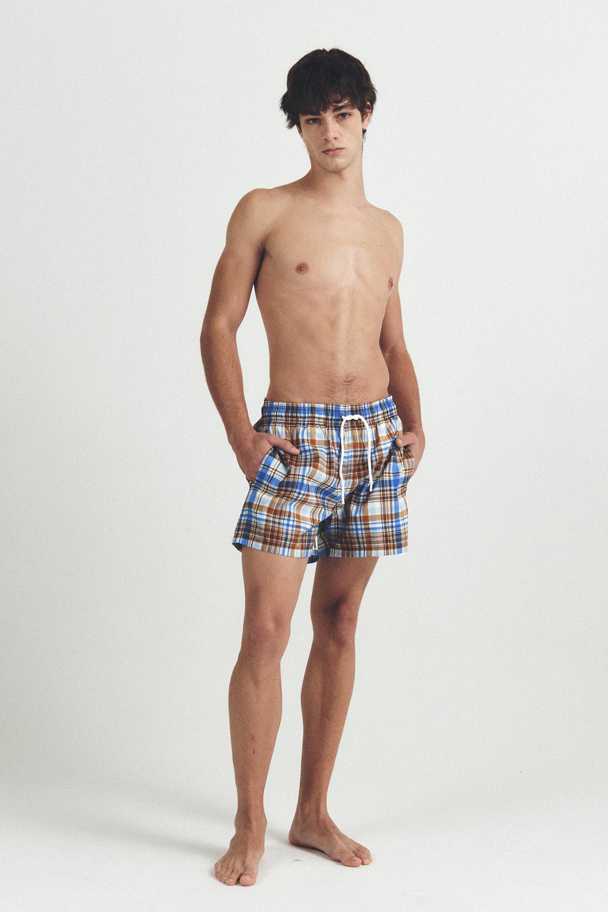 秋のチェック柄スイムトランクス - アンバーブラウン