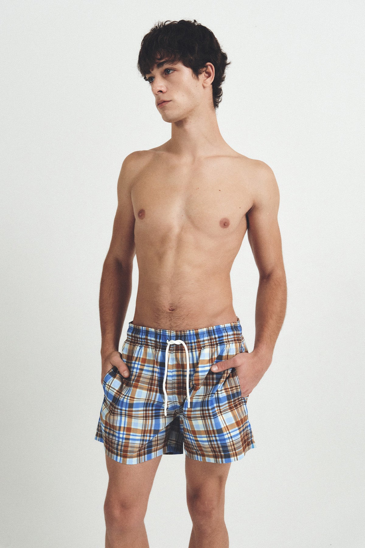 秋のチェック柄スイムトランクス - アンバーブラウン