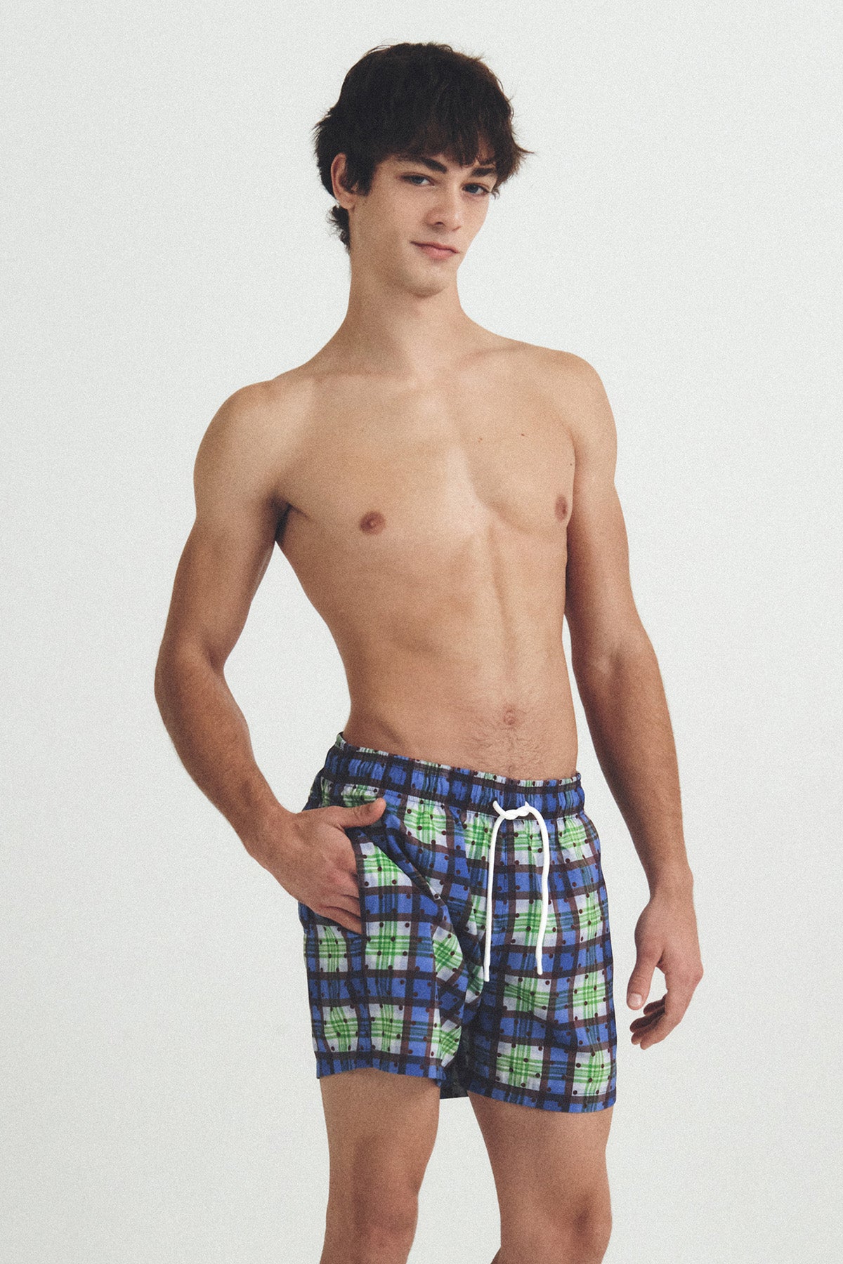 秋のチェック柄スイムトランクス - アンバーブラウン