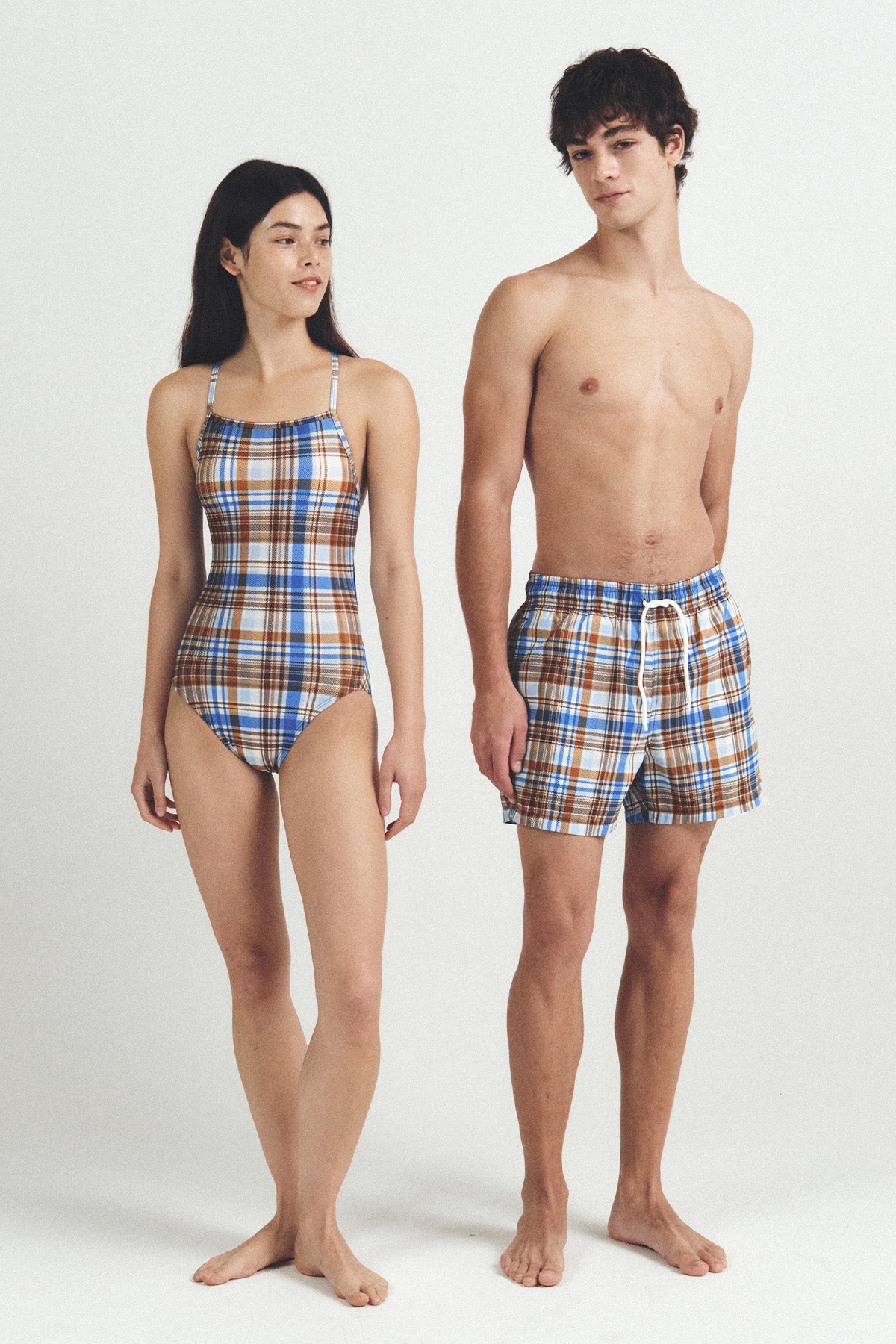 Sophie check swimsuit - Milk Tea Blue