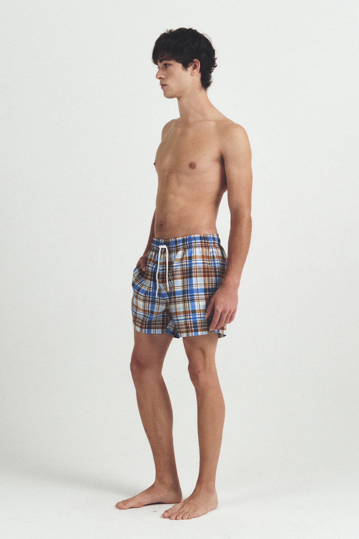 秋のチェック柄スイムトランクス - アンバーブラウン