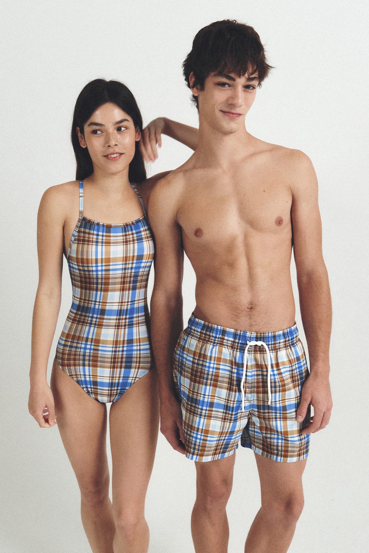 秋のチェック柄スイムトランクス - アンバーブラウン