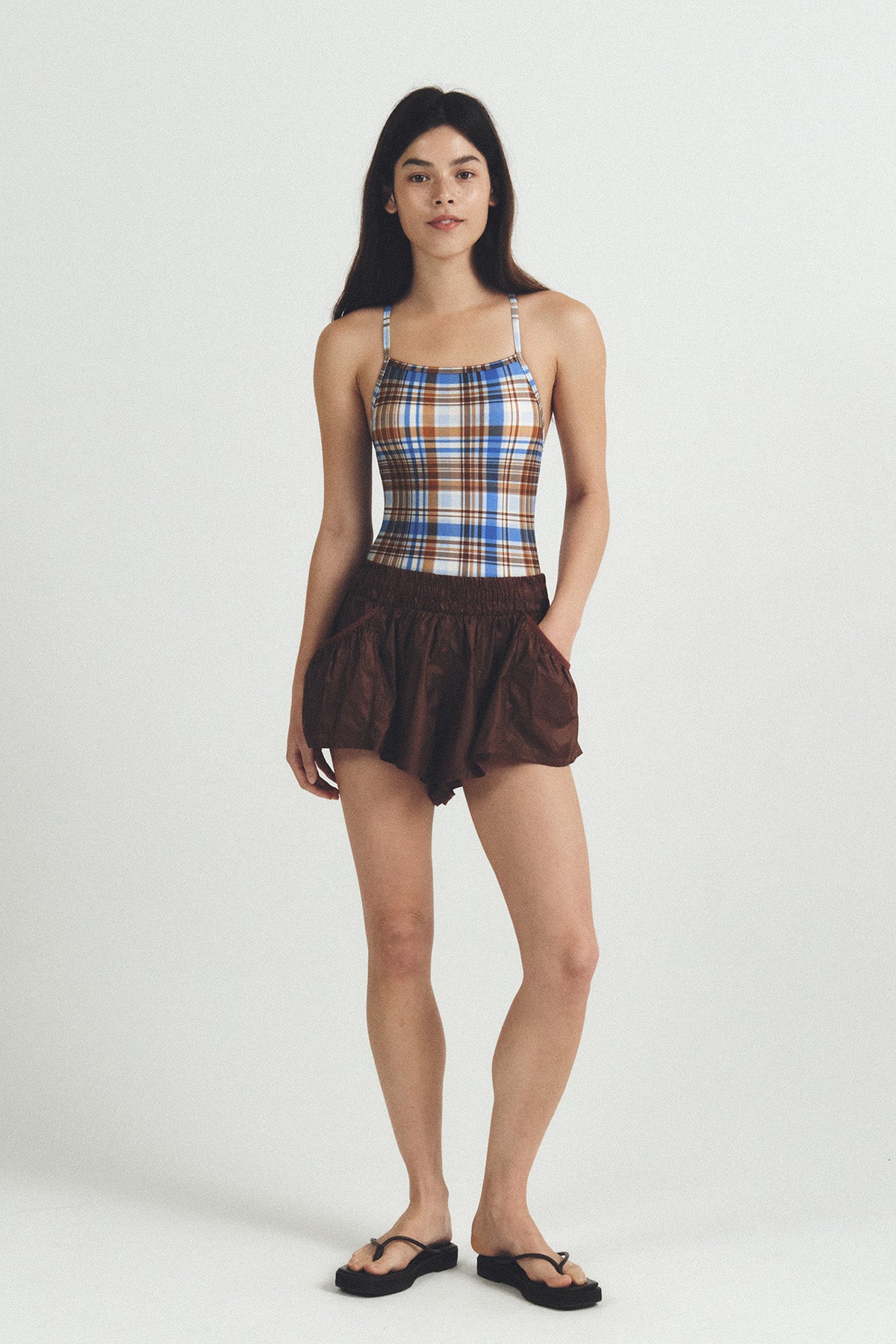 Sophie check swimsuit - Milk Tea Blue