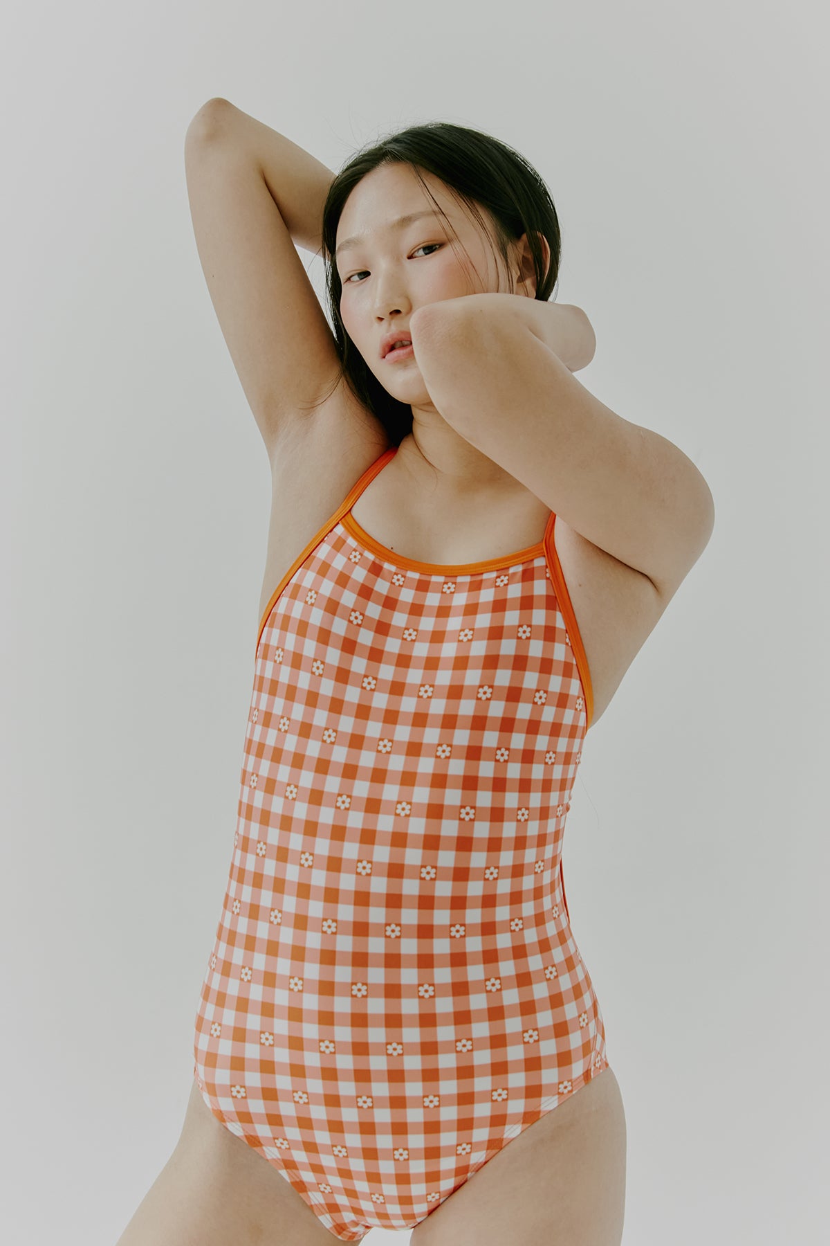 Gingham Flower Swimsuit - Retro orange